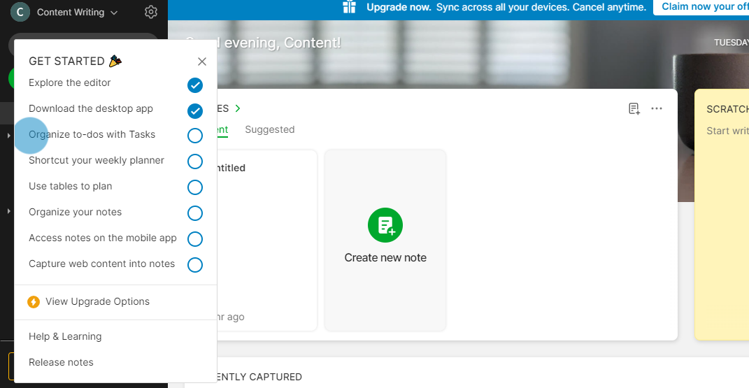 Evernote's dashboard showcasing onboarding checklists